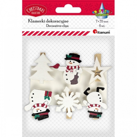 Kalėdinė dekoracija “Besmegenis, eglutė, snaigė, žvaigždutė” 6vnt./ 7x35mm kartoniniai su segtukais