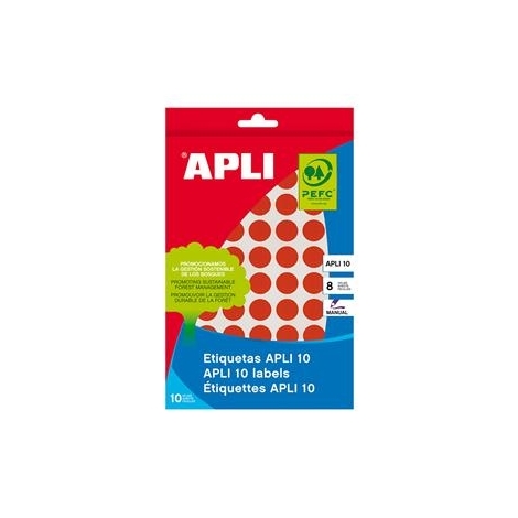Lipnios etiketės APLI, diametras 19mm, 8 lapai/320lipdukų, raudonos spalvos